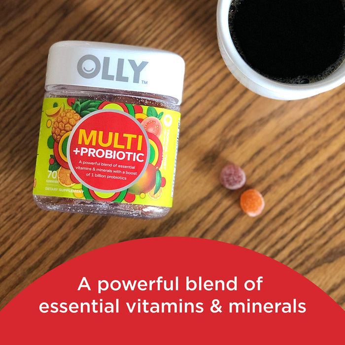 OLLY Multi + Probiotic Adult Multivitamin Gummy, 35 Day Supply (70 Gummies), Tropical Twist, 1 Billion CFUs, Digestive and Immune Support Chewable Supplement