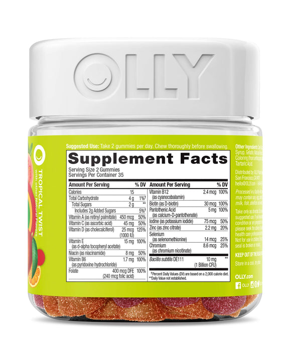 OLLY Multi + Probiotic Adult Multivitamin Gummy, 35 Day Supply (70 Gummies), Tropical Twist, 1 Billion CFUs, Digestive and Immune Support Chewable Supplement