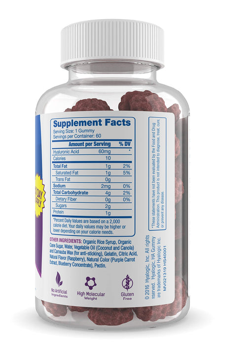 Hyalogic Chewy HA Gummies 60 ct Mixed Berry Flavor for Joints, Skin & Eyes