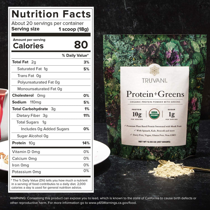 Truvani Protein + Greens 12.59 Oz Organic, Non-GMO, Vegan, Gluten Free, Dairy Free | Daily Greens Combined with Protein