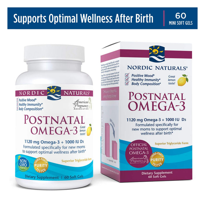 Nordic Naturals Postnatal Omega-3, Lemon - 1120 Total Omega-3 + 1000 IU Vitamin D3-60 Soft Gels - Formulated for New Moms; Supports Optimal Wellness, Positive Mood, Healthy Metabolism - 30 Servings