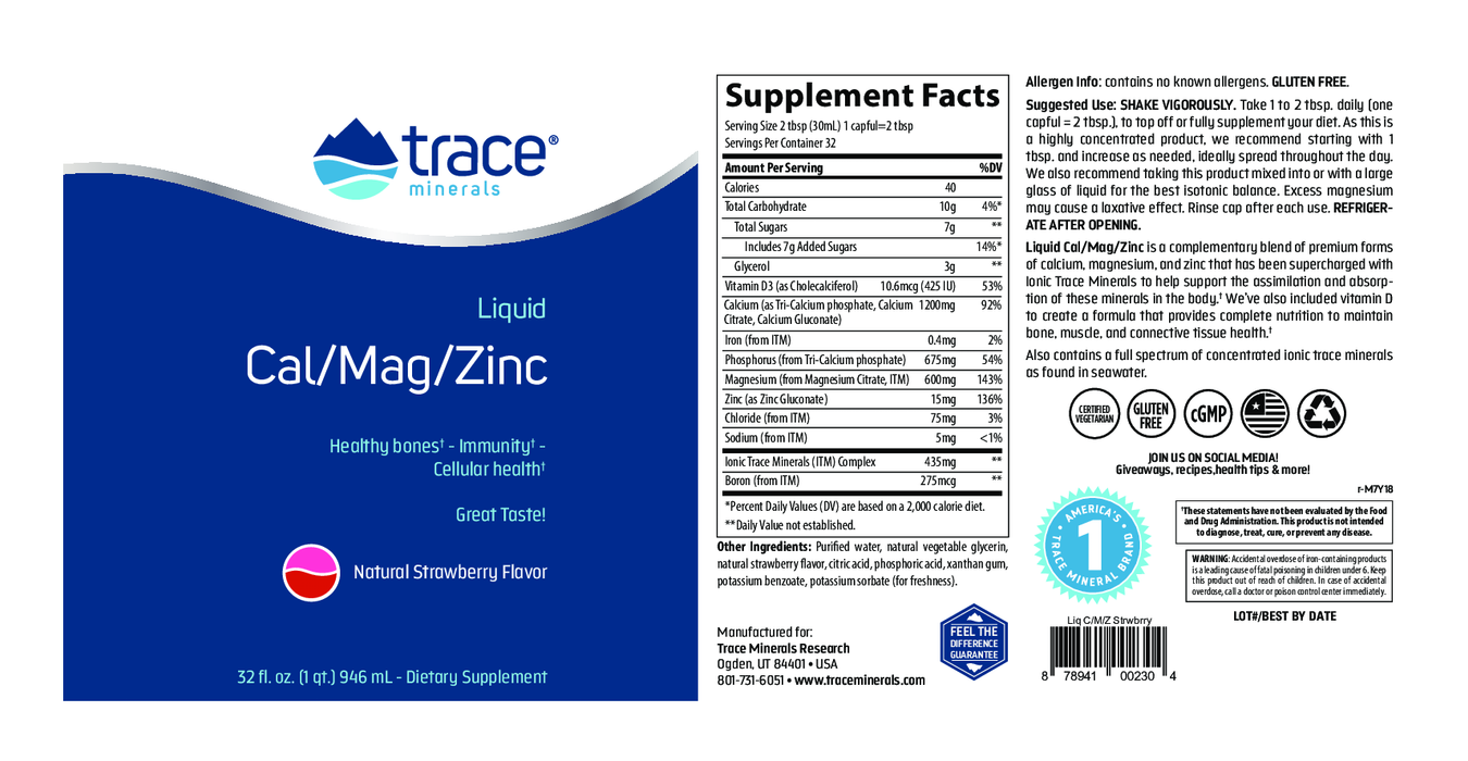 Trace Minerals Research Liquid Cal/Mag/Zinc-Strawberry 32 oz