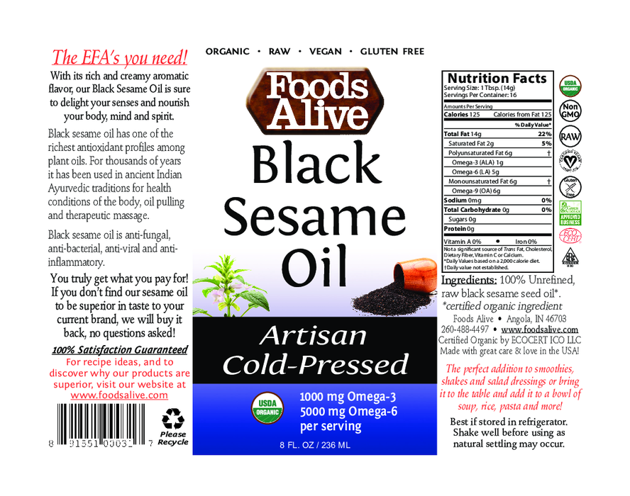 Foods Alive Органическое масло семян черного кунжута, 8 жидких унций