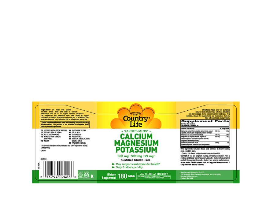 Country Life Calcium/Magnesium/Potassium 180 tabs