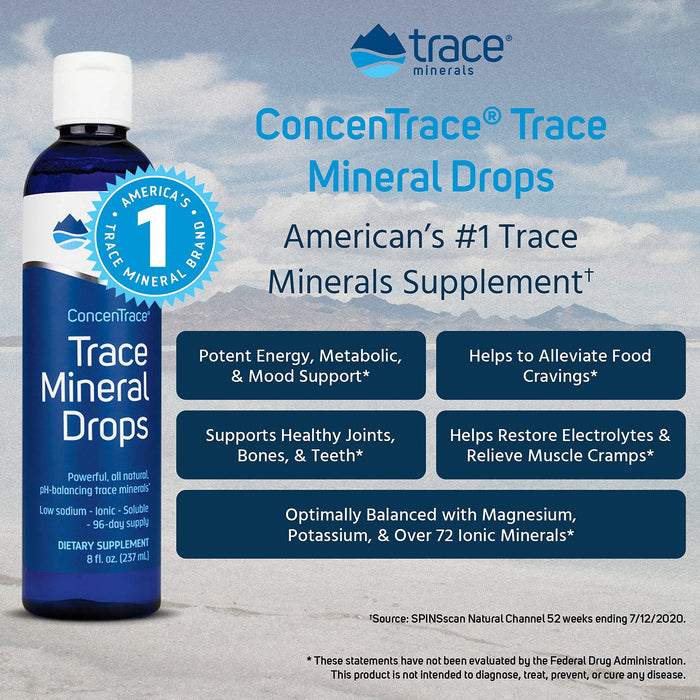 Trace Minerals ConcenTrace Drops 8 fl oz 72+ Minerals, Ionic Liquid Magnesium, Chloride, Potassium Low Sodium Energy, Electrolytes, Hydration