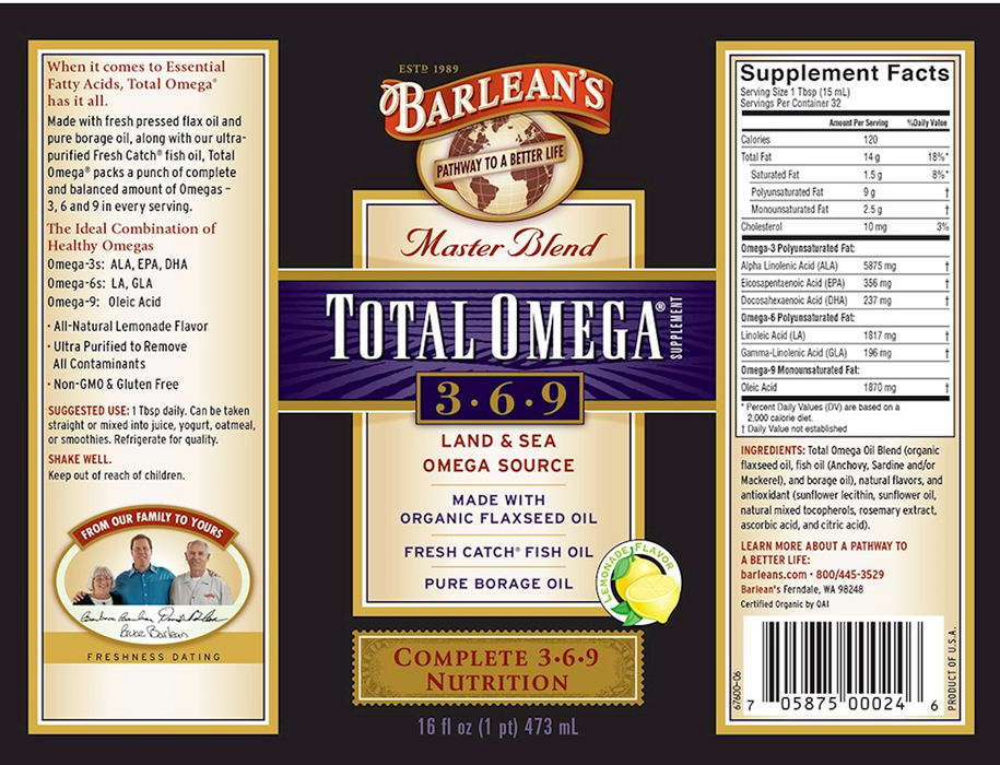 Barlean's Organic Oils Total Omega 3 6 9 Lemonade 16 oz