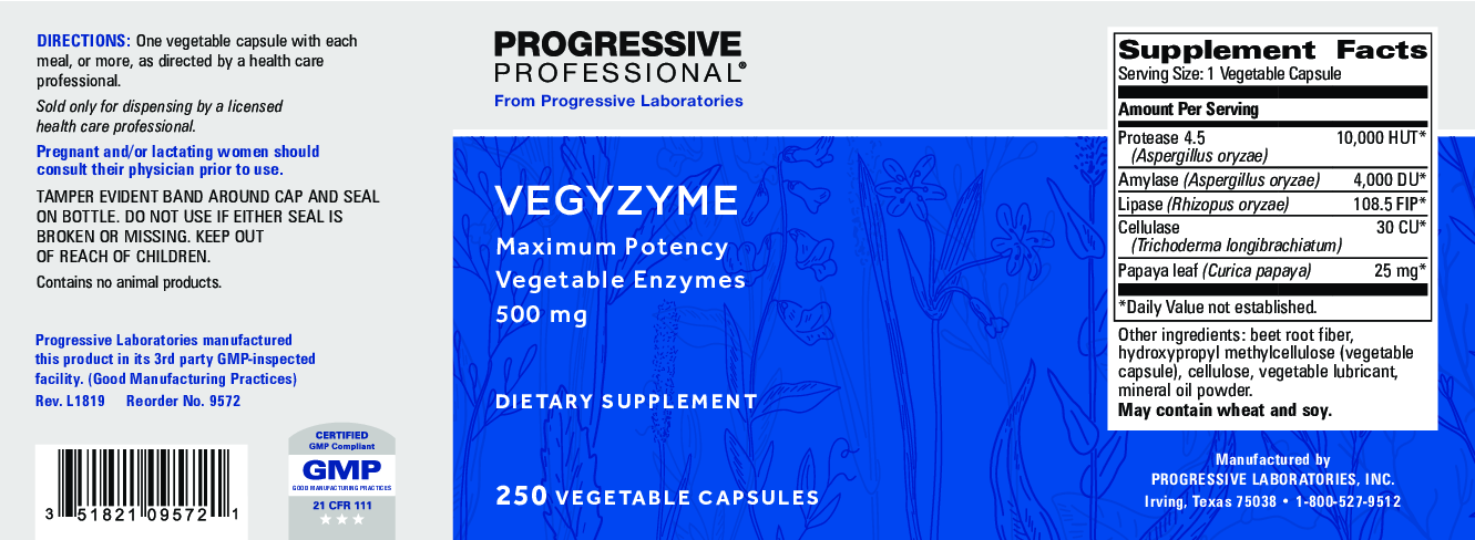 Progressive Labs Vegzyme  500 mg 250 caps