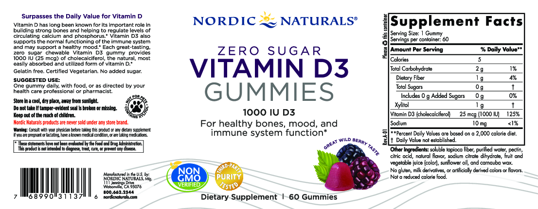 Nordic Naturals Zero Sugar Vitamin D3 60 Gummies