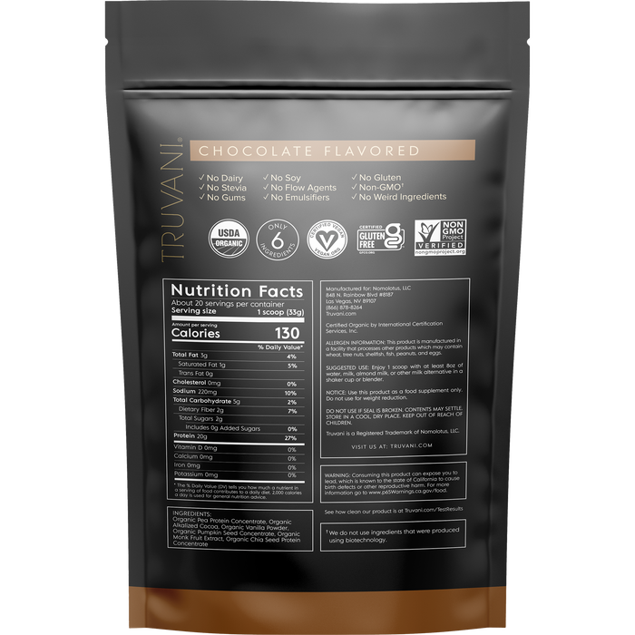 Truvani Plant Based Protein Powder - Chocolate Protein Powder 20 Servings USDA Certified Organic- Vegan, Non-GMO, Dairy, Soy & Gluten Free