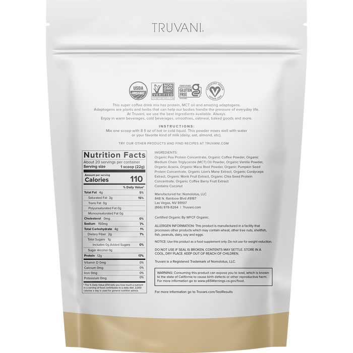 Truvani Protein + Energy Drink Mix Vanilla Latte 20 Servings