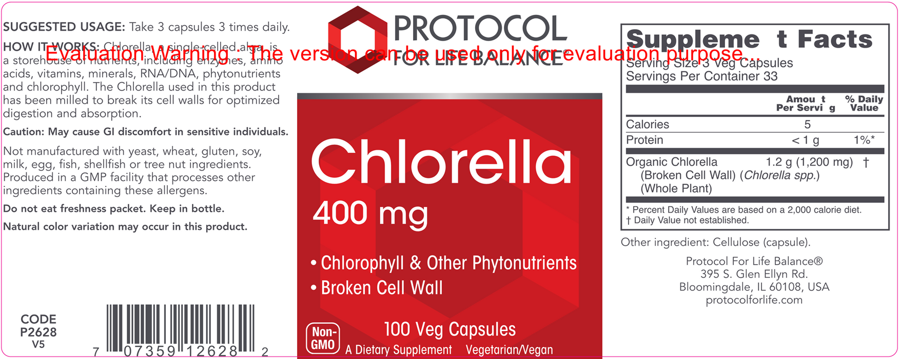 Protocol For Life Balance Chlorella 400 mg 100 vcaps