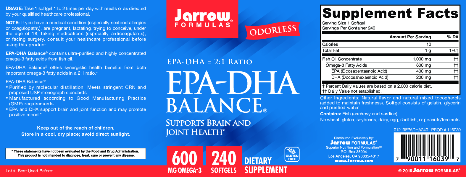 Jarrow Formulas EPA-DHA Balance (Odorless) 240 softgels