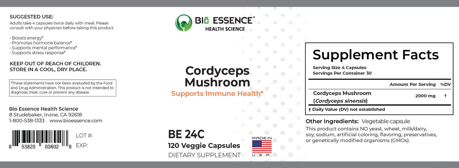 Bio Essence Health Science Cordyceps Mushroom 120 vegcaps