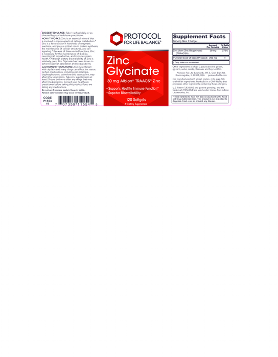 Protocol For Life Balance Zinc Glycinate 120 gels