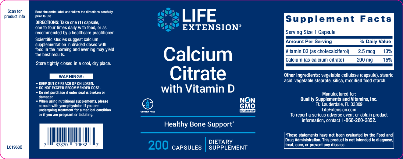 Life Extension Calcium Citrate with Vit D 200 vegcaps