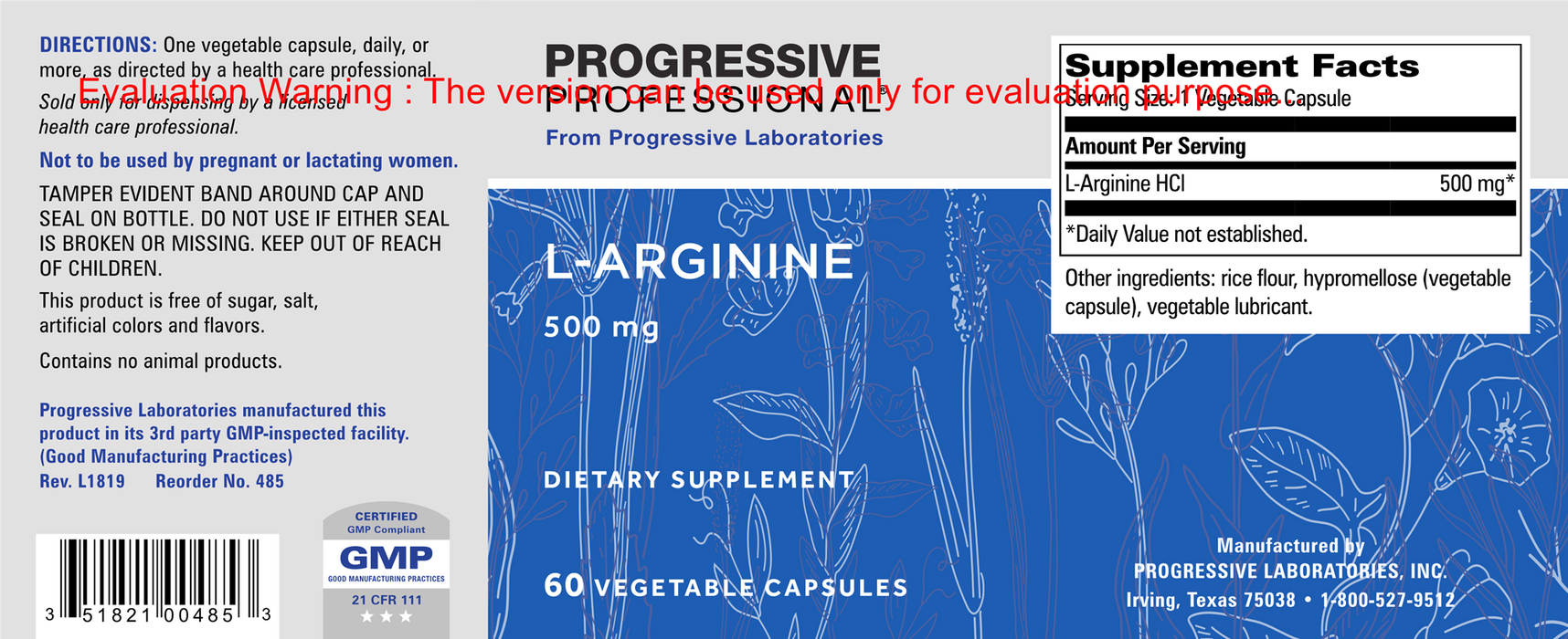 Progressive Labs L-Arginin 500 mg 60 Kapseln
