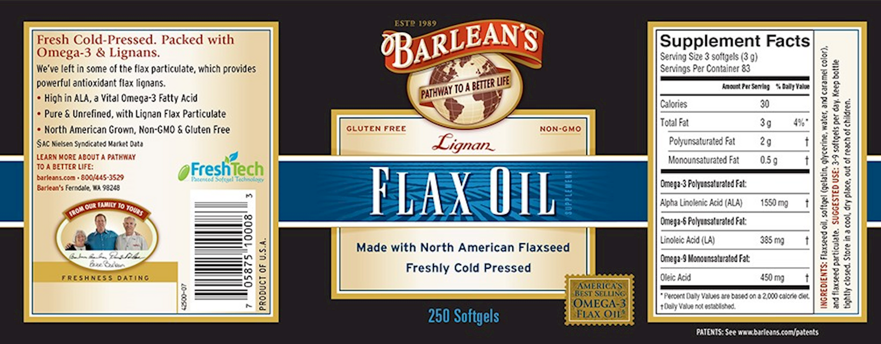 Barlean's Organic Oils High Lignan Flax Oil 1000 mg 250 gels