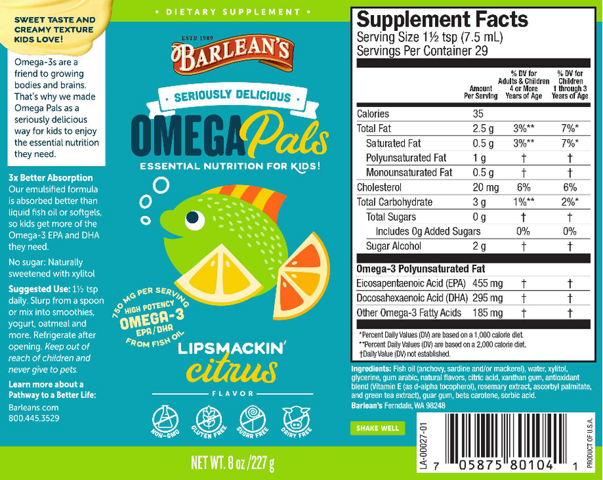 Barlean's Organic Oils Omega Pals Citrus Fish Oil 29 serv