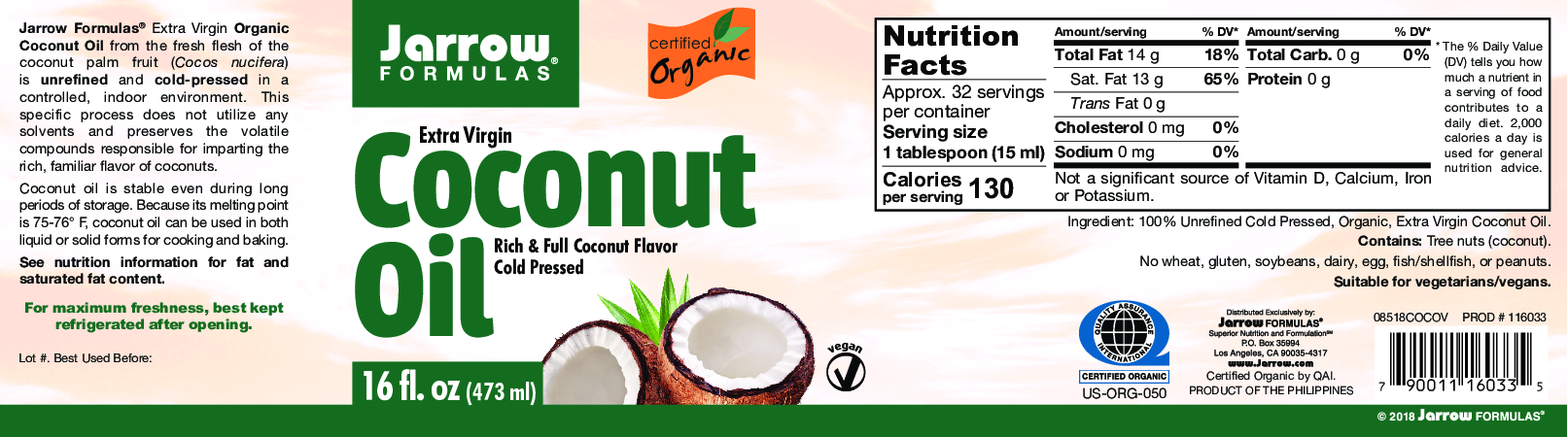 Jarrow Formulas Extra Virgin Coconut Oil 16 oz