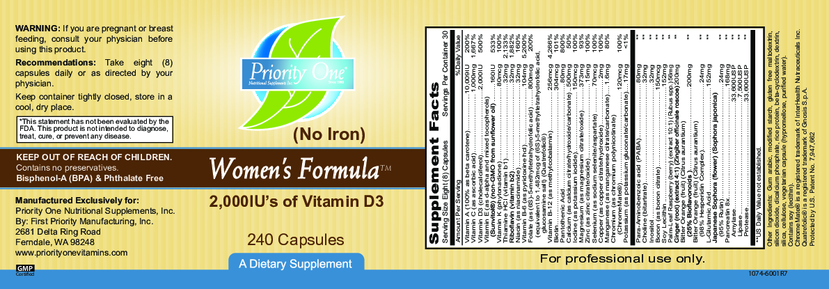 Priority One Vitamins Women's Formula NO Iron 240 caps