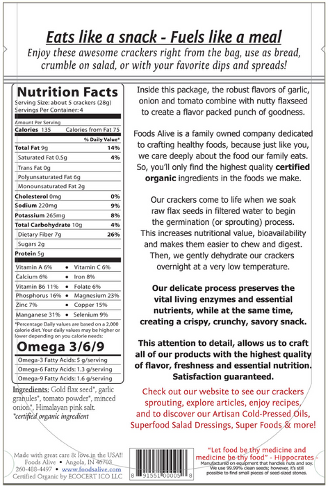 Foods Alive Onion Garlic Flax Crackers Organic 4 oz