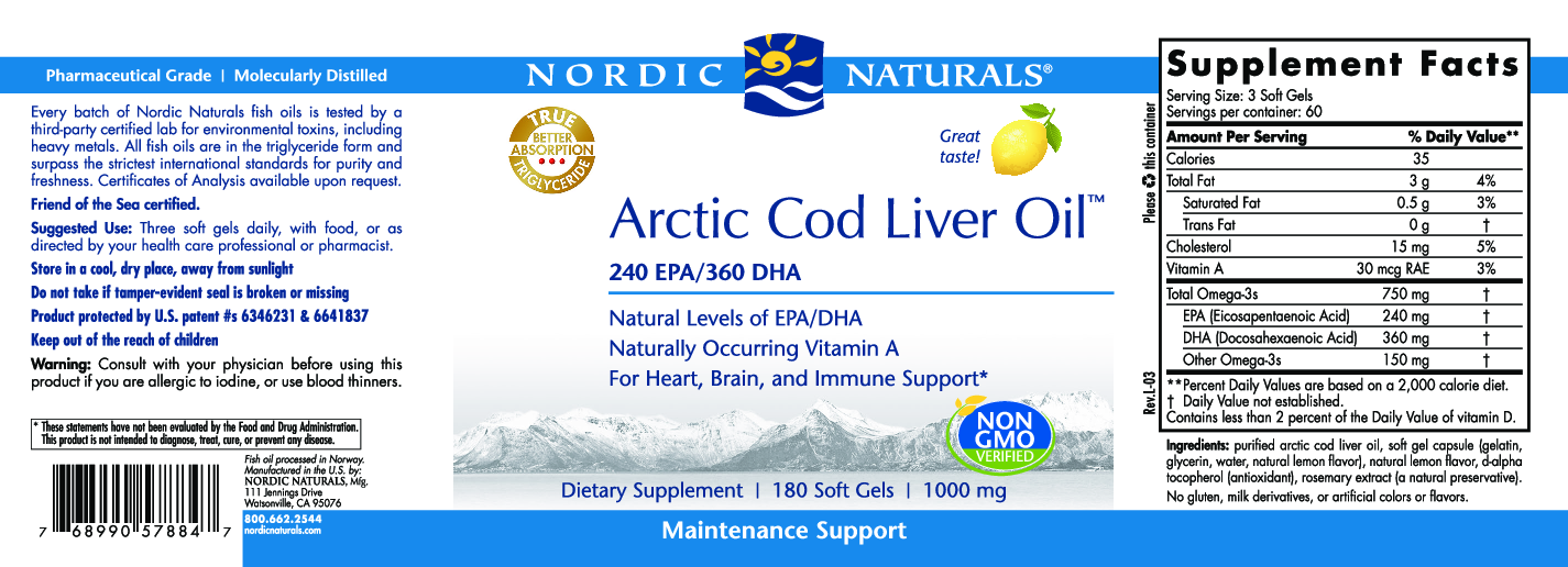 Nordic Naturals Arctic Cod Liver Oil  Lemon 180 gels