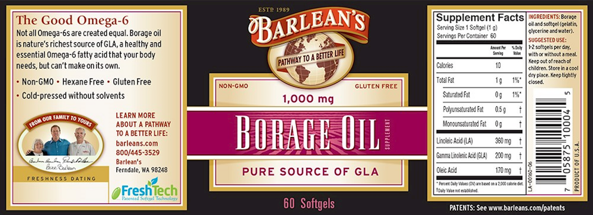 Barlean's Organic Oils Borage Oil 1000 mg 60 gels
