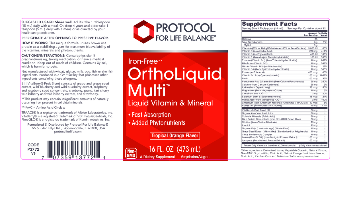 Protocol For Life Balance Ortho Liquid Multi  Iron Free 16 oz
