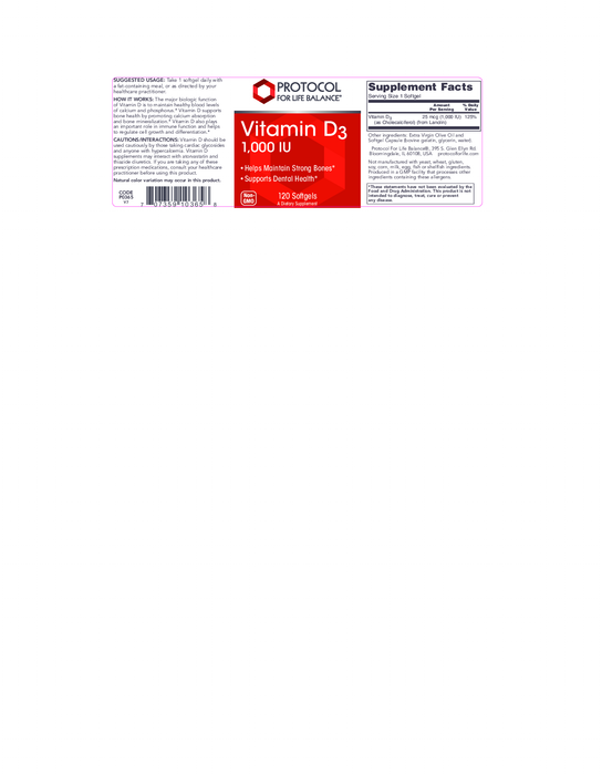Protocol For Life Balance Vitamin D3 1000 IU 120 gels