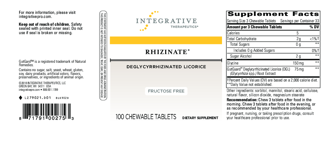 Integrative Therapeutics Rhizinate DGL FructoseFree 100 chewtabs