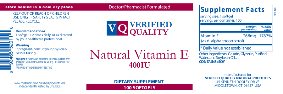 Verified Quality Natural Vitamin E 400 IU 100 gels