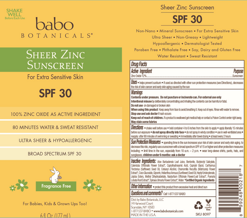 Babo Botanicals Sheer Zinc Sunscreen SPF 30 6 fl oz