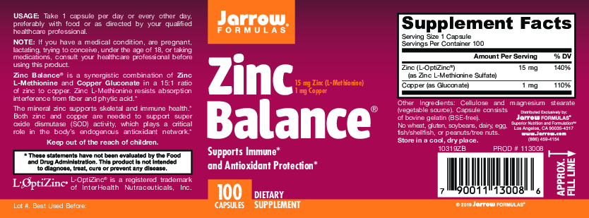 Jarrow Formulas Zinc Balance 15 mg 100 caps