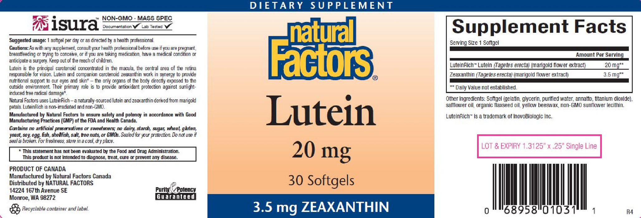 Natural Factors Lutein 20 mg 30 softgels