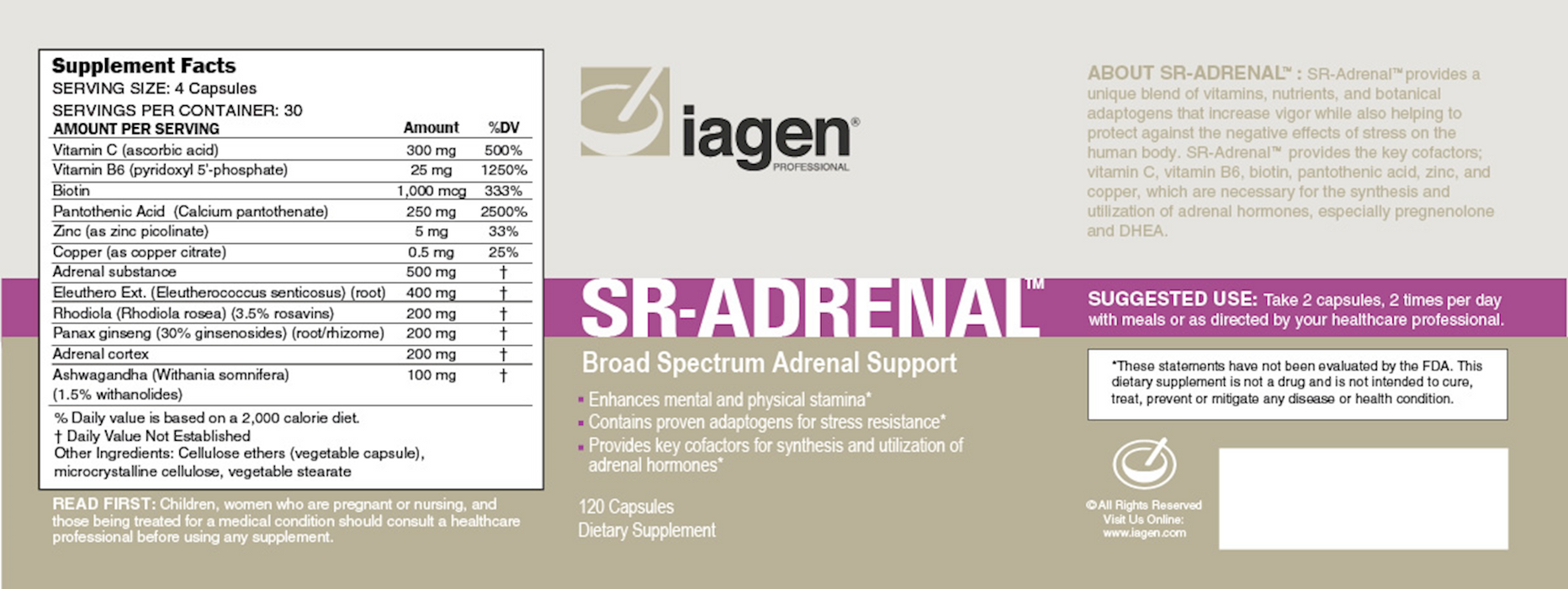 Iagen Naturals SR-Adrenal Support 120 vegcaps