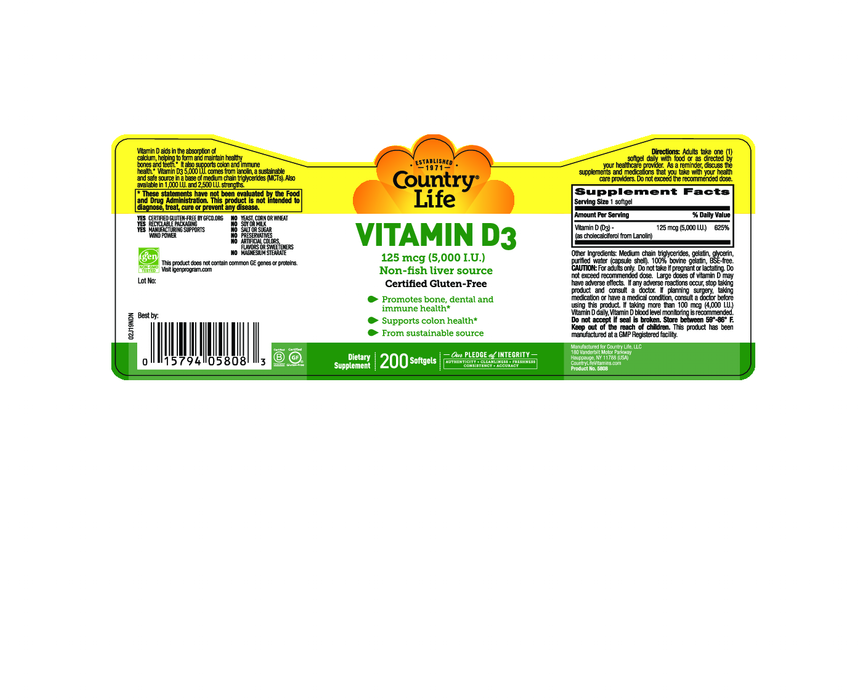 Country Life Vitamin D3 5000 IU 200 gels